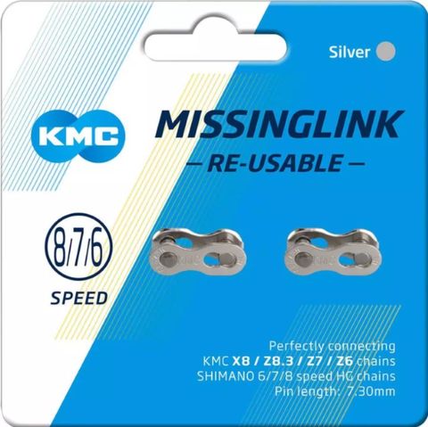 BICYCLE PARTS - CONNECTING LINK, KMC CARD OF 2, 7.3MM SIZE FITS MOST 6, 7, 8 SPEED CHAINS, SILVER.