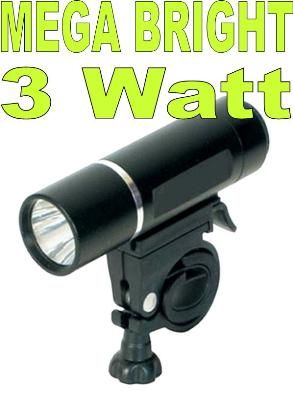 BICYCLE PARTS - LIGHT FRONT - 3WATT - 2 - FUNCTIONS. ALLOY HOUSING, (INCLS 4 X AAA BATTERIES) (FITS 25.4/31.8 H - BAR)