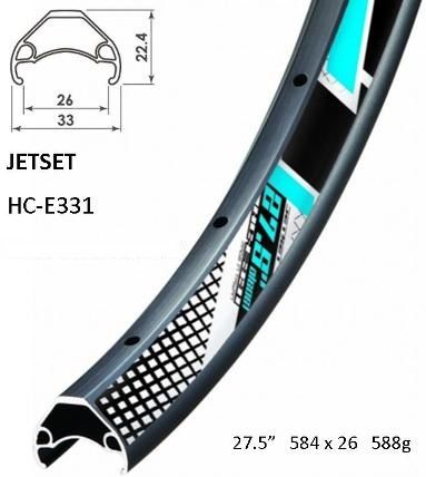 BICYCLE PARTS - RIM 27.5/650B X 26MM - JETSET HC - E331 - 32H - (584 X 26) - SCHRADER VALVE - DISC BRAKE - D/W - BLACK - TUBELESS READY - (REQUIRES AV TUBELESS VALVE) - QUALITY JETSET RIM MADE IN TAIWAN - (ERD - 555MM)