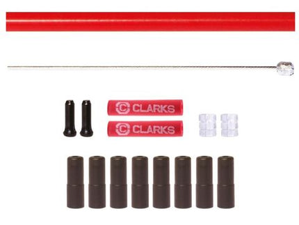 BICYCLE PARTS - GEAR KIT - UNIVERSAL INNER & OUTER, QTY 2 X 2300MM STAINLESS STEEL CABLES, RED SP 4MM 2700MM HOUSING, W/8 FERRULES, 2 DONUTRS AND 2 RED END CAPS