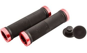 BICYCLE PARTS - GRIPS, CLARKS, LOCKING, 135MM, W/ALLOY LOCKING RINGS, BLACK GRIP W/REDANOLOCKON RINGS&RED PLUG ENDS