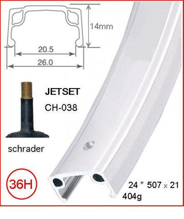 BICYCLE PARTS - RIM 24 X 21MM - JETSET CH - 038 - 36H - (507 X 21) - SCHRADER VALVE - RIM BRAKE - S/W - SILVER - QUALITY JETSET RIM MADE IN TAIWAN - (ERD 494)