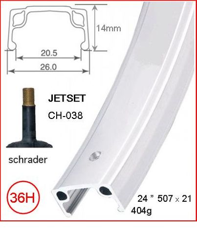 BICYCLE PARTS - RIM 24 X 21MM - JETSET CH - 038 - 36H - (507 X 21) - SCHRADER VALVE - RIM BRAKE - S/W - SILVER - QUALITY JETSET RIM MADE IN TAIWAN - (ERD 494)