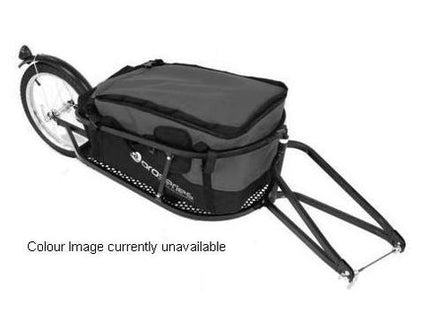 BICYCLE PARTS - TRAILER - SINGLE WHEEL CARGO TRAILER. STEEL FRAME. IN BLACK WITH 90L YELLOW BAG, 40 KG CAPACITY