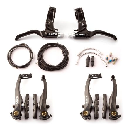 BICYCLE PARTS - V BRAKESET, 2 X 110MM V - BRAKE ARM SETS, PAIR LEVERS, CABLES, PADS, AND GUIDE PIPES, USE WITH TWIST AND THUMB GEAR SHIFT., HINGED CLAMP LEVERS VALUE CLARKS PRODUCT