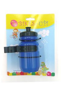 BICYCLE PARTS - BOTTLE - MINI WATER BOTTLE, 400CC, BIKES UP TIE CARD, WITH BLACK ADJUSTABLE CAGE, BLUE