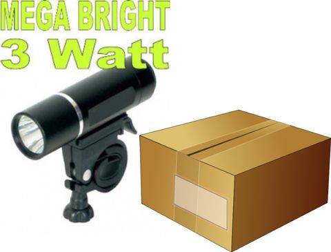 BICYCLE PARTS - LIGHT FRONT - 3WATT - 2 - FUNCTIONS. ALLOY HOUSING, (INCLS 4 X AAA BATTERIES) (FITS 25.4/31.8 H - BAR), BOX QTY 25