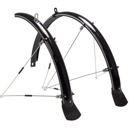 BICYCLE PARTS - MUDGUARD SET 700C, FRONT (W/1 X STAY) & REAR (W/2 X STAYS) METAL FITTINGS, BLACK (44MM WIDE) (MOUNTING BOLTS NOT INCLUDED)
