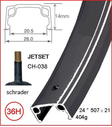 BICYCLE PARTS - RIM 24 X 21MM - JETSET CH - 038 - 36H - (507 X 21) - SCHRADER VALVE - RIM BRAKE - S/W - BLACK - QUALITY JETSET RIM MADE IN TAIWAN - (ERD 494)