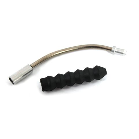BICYCLE PARTS - CABLE GUIDE - 135 DEGREE ANGLE NOODLE, FOR V BRAKE, STAINLESS STEEL, SILVER AND RUBBER BOOT
