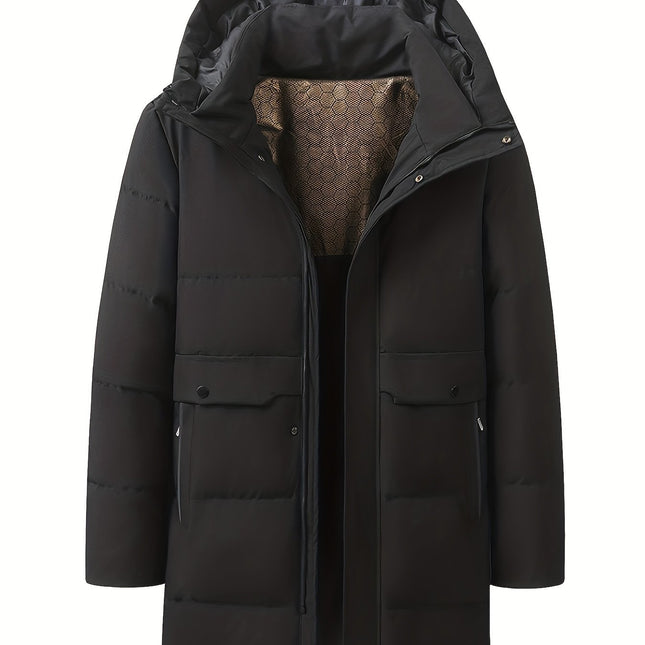 Men's Winter Warm Hooded Coat - Mid-Length, Windproof, Thickened Polyester Jacket, Solid Color, Regular Fit