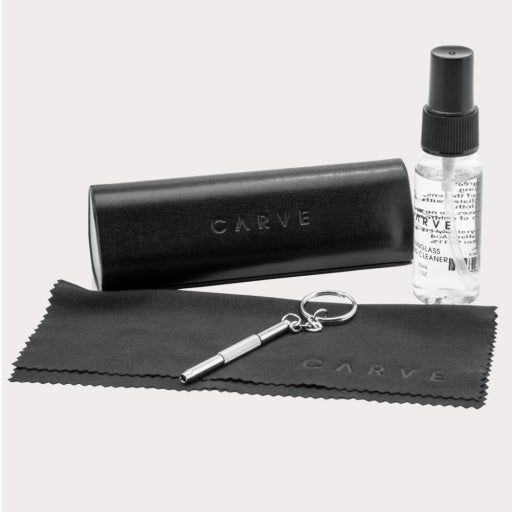 CARVE ESSENTIALS EYEWEAR CARE KIT-SOLUTION-CLOTH-SCDRVR
